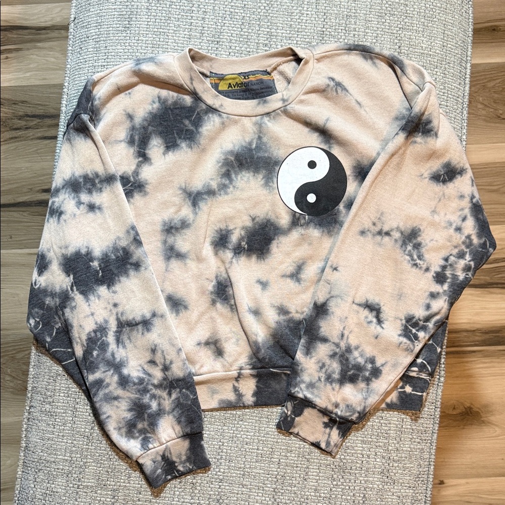 Aviator Nation Tie-Dyed Ying-Yang Pullover Sweatshirt‎ Tan and Black unisex XS